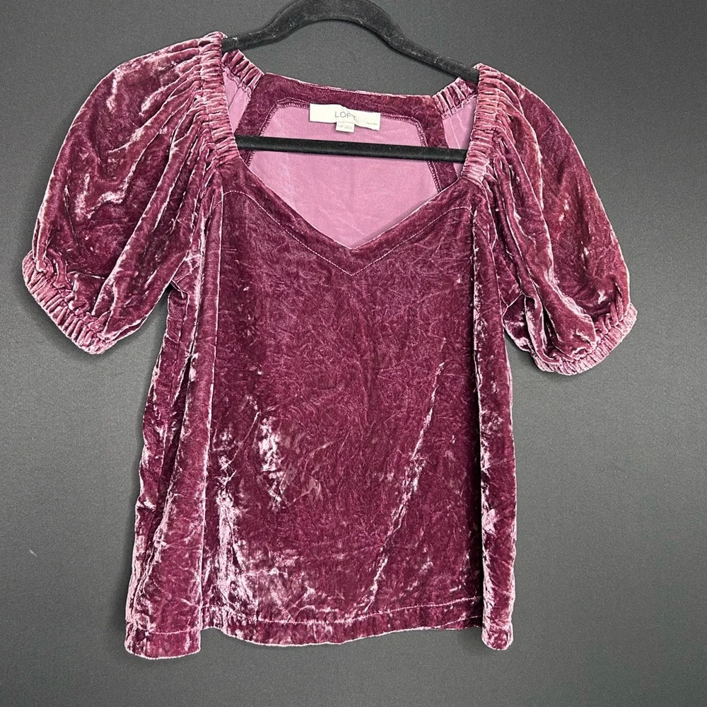 LOFT Women's Crushed Coquette Velvet Blouse Pink Rose Valentines Day Puff Sleeve